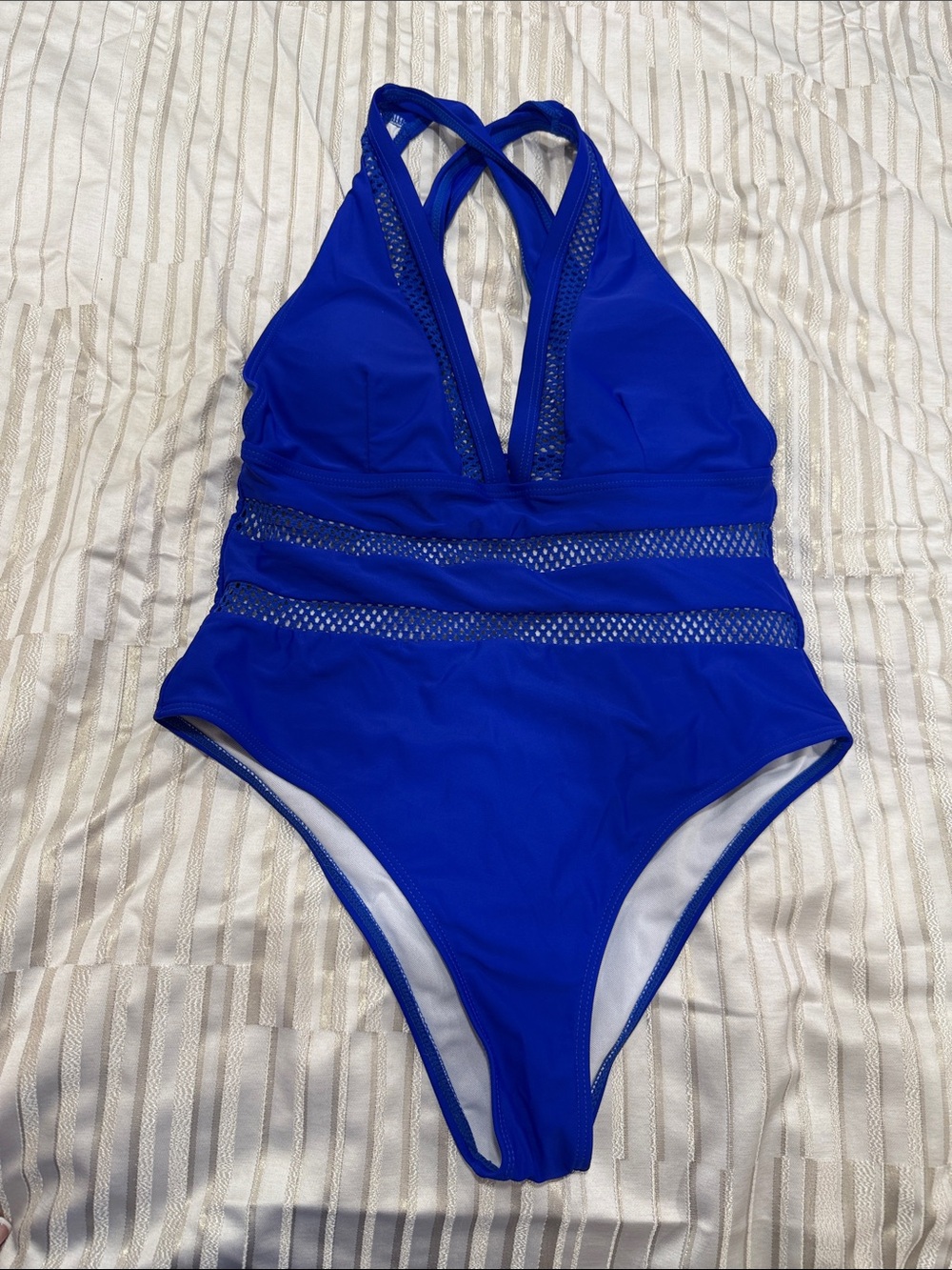 Womens Royal Blue One-Piece Swimsuit with Mesh Insets